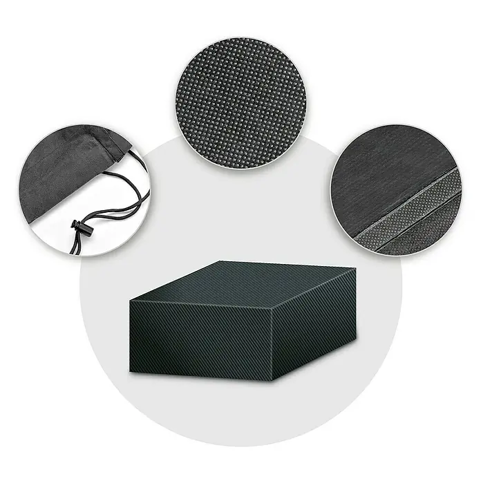 Pura Vida Grill-Schutzhülle Supreme Feuerstelle - Passend für: Feuerstellen bis 85 x 85 x 50 cm, Polyethylen, Polypropylen, 1.600 g/m², Schwarz - Dunkelgraue rechteckige Abdeckung aus strukturiertem Stoff, mit Nahaufnahmen von Stofftextur, verstärkter Naht und passendem Zugbeutel.