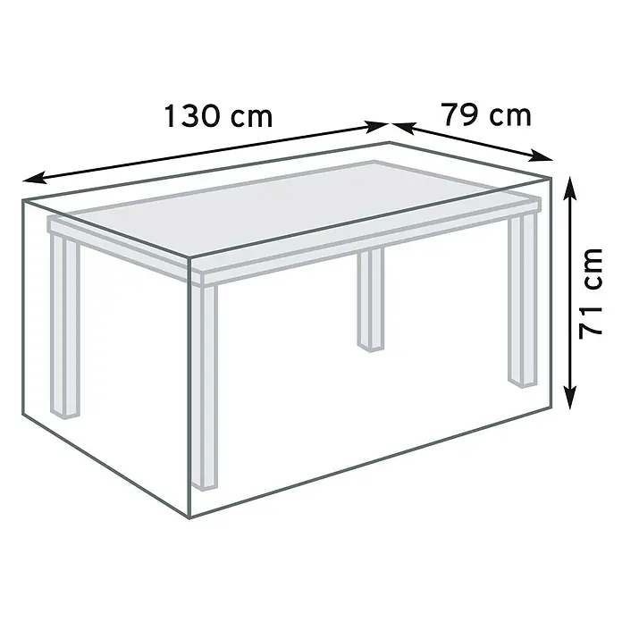 Pura Vida Gartentisch-Schutzhülle Supreme - L x B x H: 130 x 79 x 71 cm, Polyethylen, Polypropylen, 160 g/m², Schwarz - Rechteckiger Tisch mit Maßen: 130 cm Länge, 79 cm Breite und 71 cm Höhe.