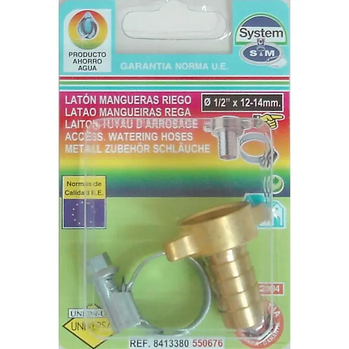 Racor de manguera - Latón, ½″ x 12/14 mm - Conector para manguera de riego con abrazadera, ½" x 12-14mm. Accesorio práctico para el riego del jardín.