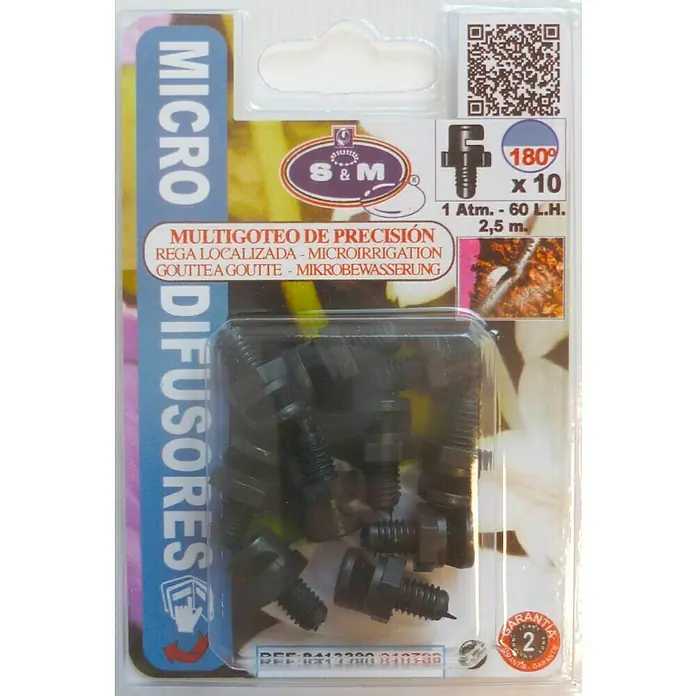 Tobera pulverizadora microdifusora 180º L/H 60 - 10 ud., Formas de riego: 180° - Paquete de 10 Micro Difusores S&M, ideales para el riego de precisión y el microrriego en el jardín. Riego con ángulo de pulverización de 180°.