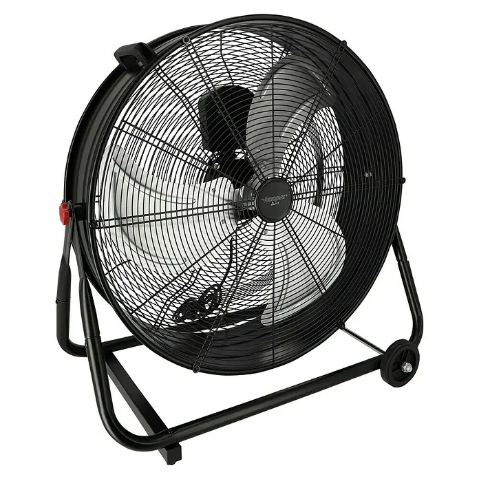 Voltomat Bodenventilator Industrieventilator mit Rollen - 250 W, Schwarz, 60 cm - Schwarzer Industrie-Bodenventilator mit Metallgitter und silbernen Flügeln, auf stabilem Standfuß mit Rollen.