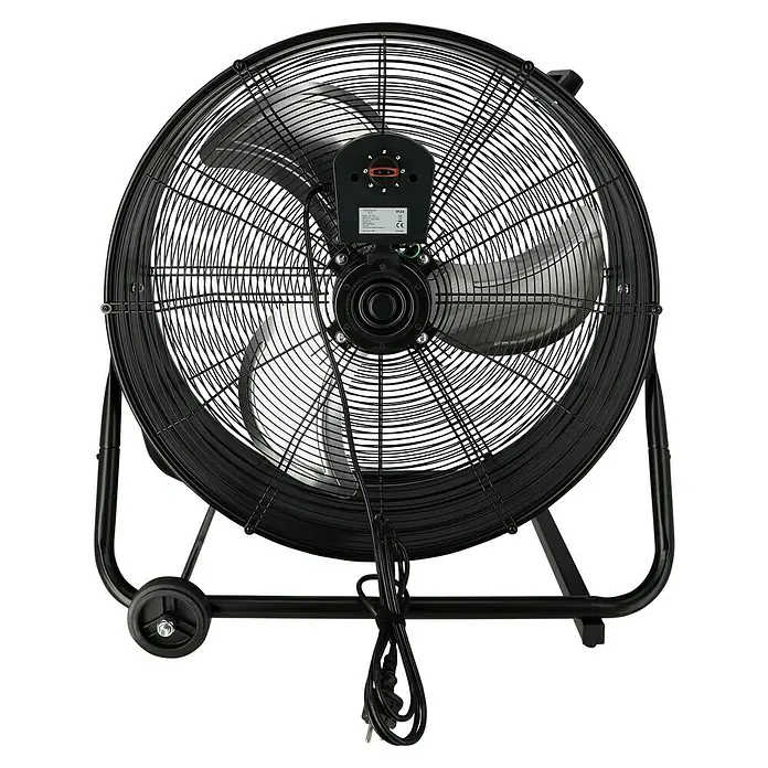 Voltomat Bodenventilator Industrieventilator mit Rollen - 250 W, Schwarz, 60 cm - Schwarzer Industrie-Bodenventilator mit Metallgitter und Flügeln, auf Rollständer, mit Drehregler und Netzkabel.
