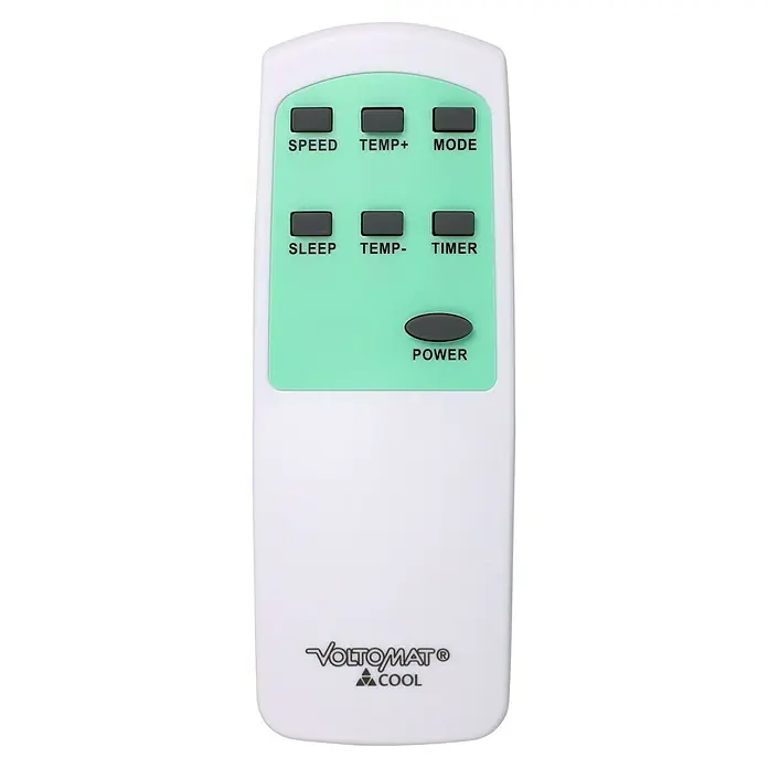 Voltomat Aire acondicionado portátil WiFi Khione I - 2.600 W, Tamaño de la estancia: 18 m² - 32 m², Negro/Blanco - Mando a distancia blanco con panel verde claro y botones gris oscuro para velocidad, temperatura, modo, sueño, temporizador y encendido.