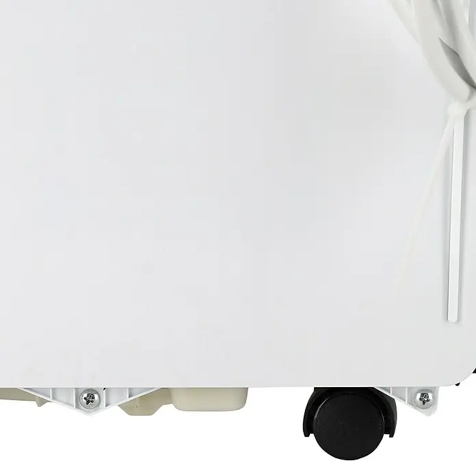Voltomat Aire acondicionado portátil WiFi Khione I - 2.600 W, Tamaño de la estancia: 18 m² - 32 m², Negro/Blanco - Sección inferior de un producto blanco con una rueda giratoria negra, tornillos plateados y cables blancos sujetos con una brida.