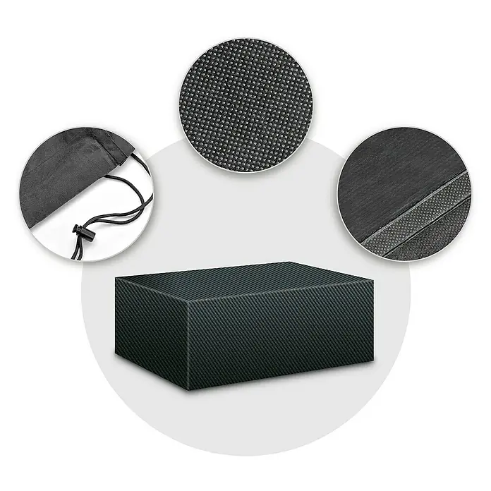 Pura Vida Gartentisch-Schutzhülle Supreme - L x B x H: 200 x 114 x 71 cm, Polyethylen, Polypropylen, 160 g/m², Schwarz - Dunkelgraue rechteckige Abdeckung aus strukturiertem Stoff, mit Detailansichten von Material und Kordelzugverschluss.