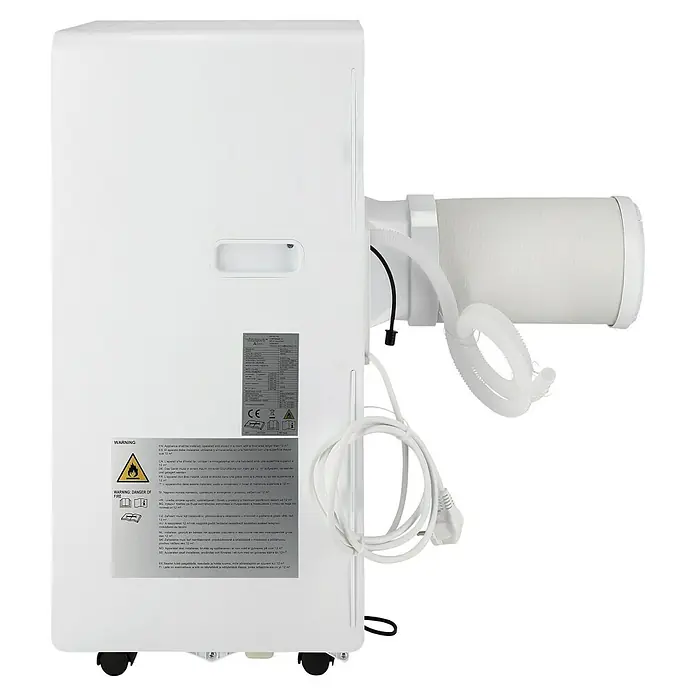 Voltomat Aire acondicionado portátil WiFi Khione I - 2.600 W, Tamaño de la estancia: 18 m² - 32 m², Negro/Blanco - Aire acondicionado portátil blanco visto desde atrás, con manguera de escape, manguera de drenaje y cable de alimentación.