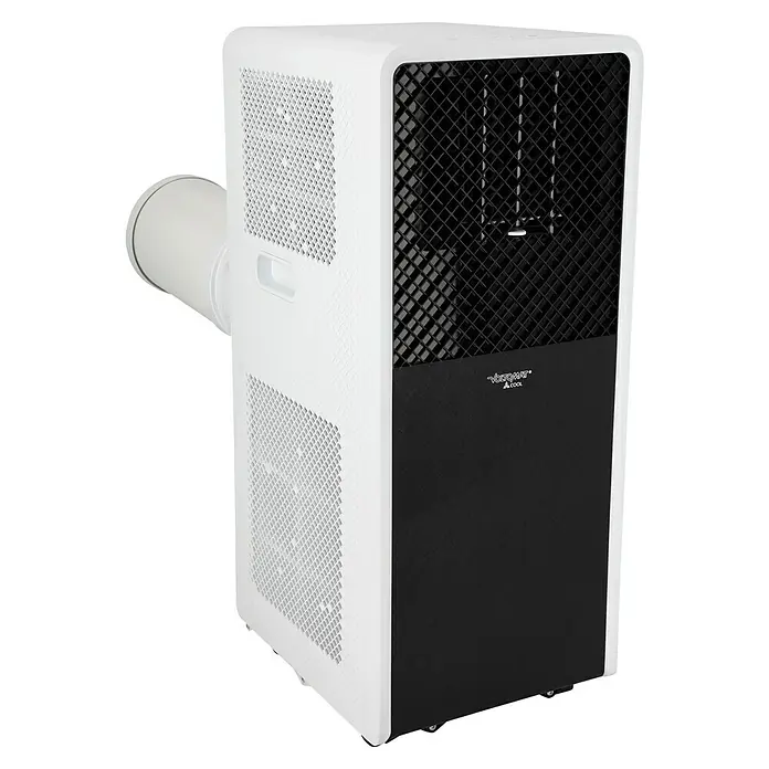 Voltomat Aire acondicionado portátil WiFi Khione I - 2.600 W, Tamaño de la estancia: 18 m² - 32 m², Negro/Blanco - Aire acondicionado portátil blanco y negro con manguera de escape.