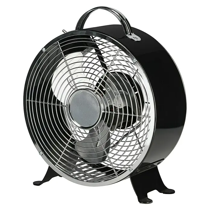 Voltomat Tischventilator Retro - Farbe: Schwarz, Silber, Durchmesser: 25 cm - Schwarzer Retro-Elektroventilator mit Chromgitter, Griff und weißen Flügeln.