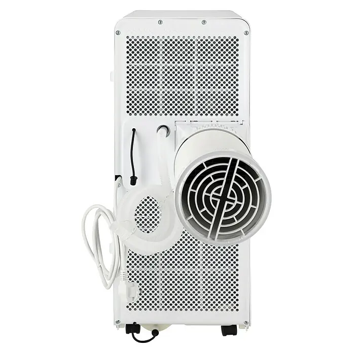 Voltomat Aire acondicionado portátil WiFi Khione I - 2.600 W, Tamaño de la estancia: 18 m² - 32 m², Negro/Blanco - Parte posterior de un aire acondicionado portátil blanco con rejilla de escape, cable de alimentación y mangueras de drenaje.