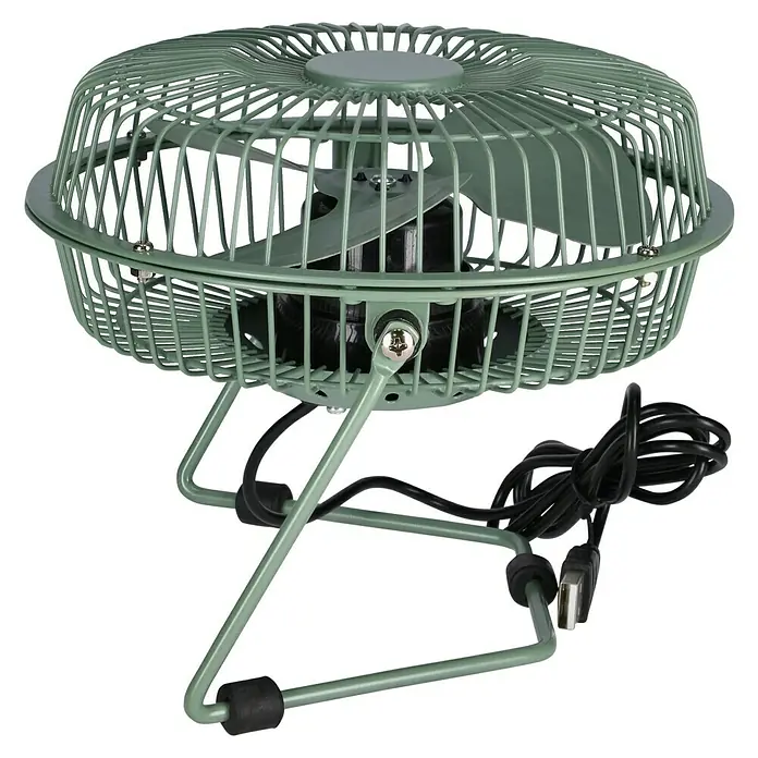 Voltomat USB-Ventilator Mini - Grün, 18 cm - Olivgrüner Metall-Tischventilator mit Schutzgitter und schwarzem USB-Stromkabel.