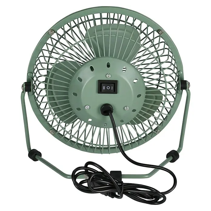 Voltomat USB-Ventilator Mini - Grün, 18 cm - Grüner Metall-Tischventilator mit schwarzem Netzkabel, von hinten gesehen, zeigt den Ein-/Ausschalter.