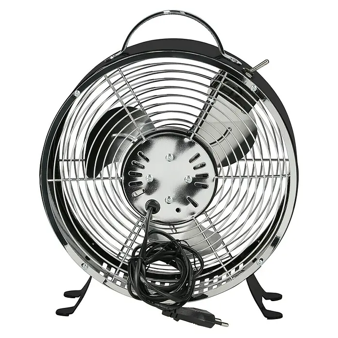 Voltomat Tischventilator Retro - Farbe: Schwarz, Silber, Durchmesser: 25 cm - Schwarz-chromfarbener Retro-Tischventilator mit Tragegriff und Netzkabel.