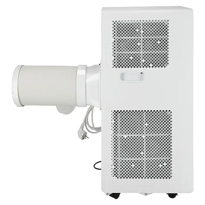 Voltomat Aire acondicionado portátil WiFi Khione I - 2.600 W, Tamaño de la estancia: 18 m² - 32 m², Negro/Blanco - Aire acondicionado portátil blanco con manguera de escape flexible y cable de alimentación, visto de lado.