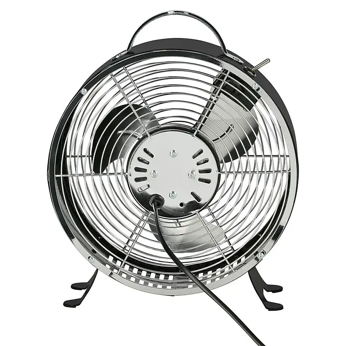 Voltomat Tischventilator Retro - Farbe: Schwarz, Silber, Durchmesser: 25 cm - Rückansicht eines verchromten und schwarzen Metalltischventilators mit Netzkabel und Kippschalter.