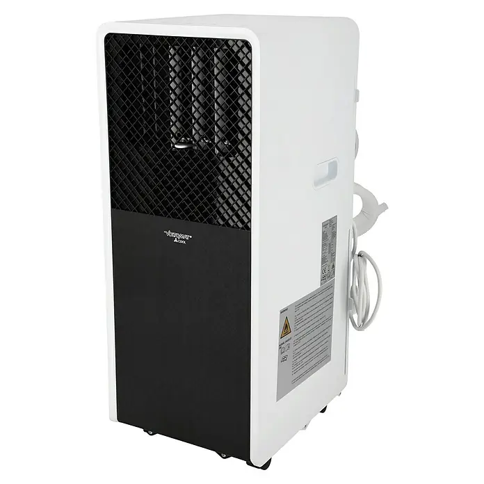 Voltomat Aire acondicionado portátil WiFi Khione I - 2.600 W, Tamaño de la estancia: 18 m² - 32 m², Negro/Blanco - Aire acondicionado portátil blanco y negro con panel frontal de rejilla, visto en ángulo.