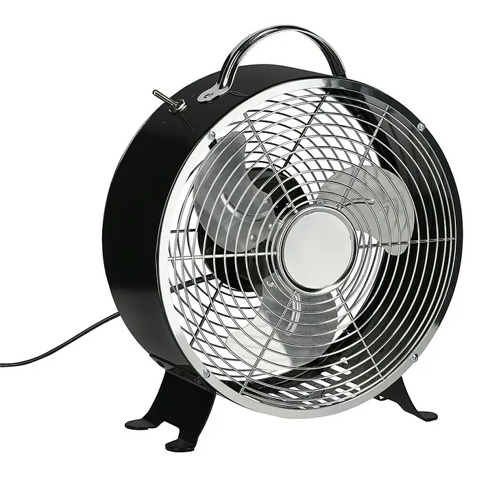 Voltomat Tischventilator Retro - Farbe: Schwarz, Silber, Durchmesser: 25 cm - Schwarzer Metall-Tischventilator mit Chromgitter, Griff und silbernen Flügeln.