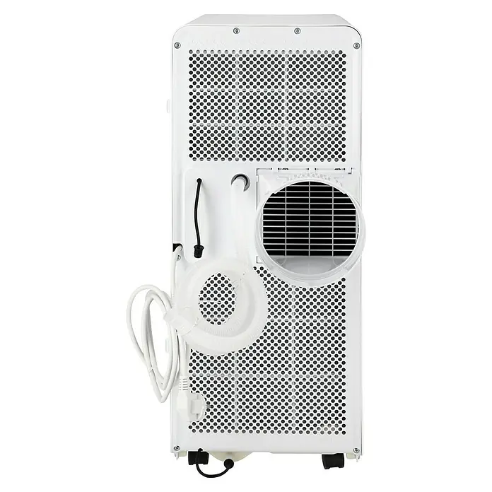 Voltomat Aire acondicionado portátil WiFi Khione I - 2.600 W, Tamaño de la estancia: 18 m² - 32 m², Negro/Blanco - Vista posterior de un aire acondicionado portátil blanco con mangueras de escape y desagüe, y cable de alimentación.