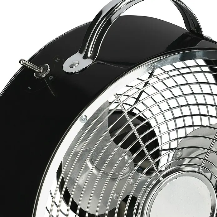 Voltomat Tischventilator Retro - Farbe: Schwarz, Silber, Durchmesser: 25 cm - Schwarzer tragbarer Ventilator im Retro-Stil mit verchromtem Metallgitter, Griff und Kippschalter.