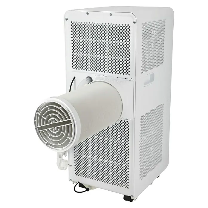 Voltomat Aire acondicionado portátil WiFi Khione I - 2.600 W, Tamaño de la estancia: 18 m² - 32 m², Negro/Blanco - Aire acondicionado portátil blanco con rejillas perforadas y una manguera de escape flexible unida a la parte trasera.
