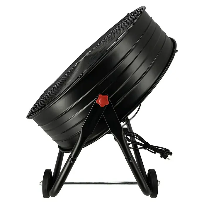 Voltomat Bodenventilator Industrieventilator mit Rollen - 250 W, Schwarz, 60 cm - Schwarzer Industrie-Bodenventilator auf Rollenständer mit rotem Stern-Einstellknopf und Netzkabel.