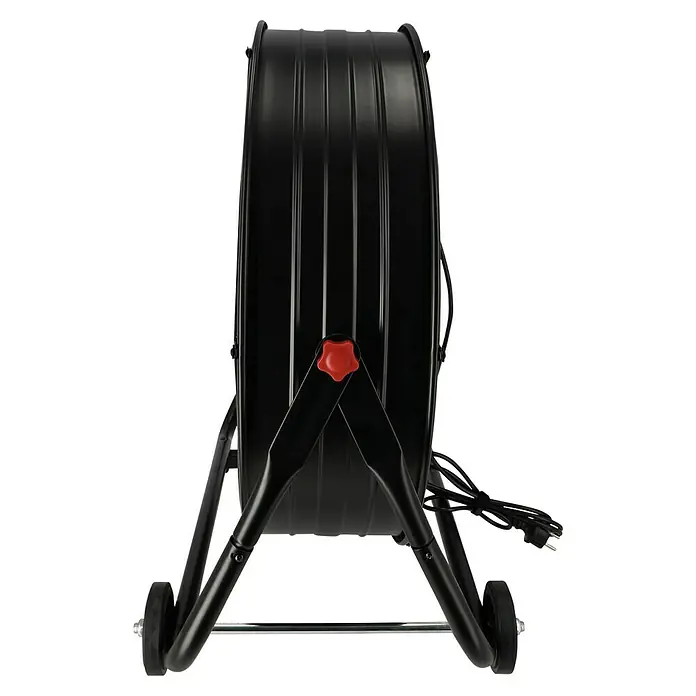 Voltomat Bodenventilator Industrieventilator mit Rollen - 250 W, Schwarz, 60 cm - Schwarzer Trommelventilator mit Rädern, verstellbarem Ständer und rotem Sternknopf, Seitenansicht.