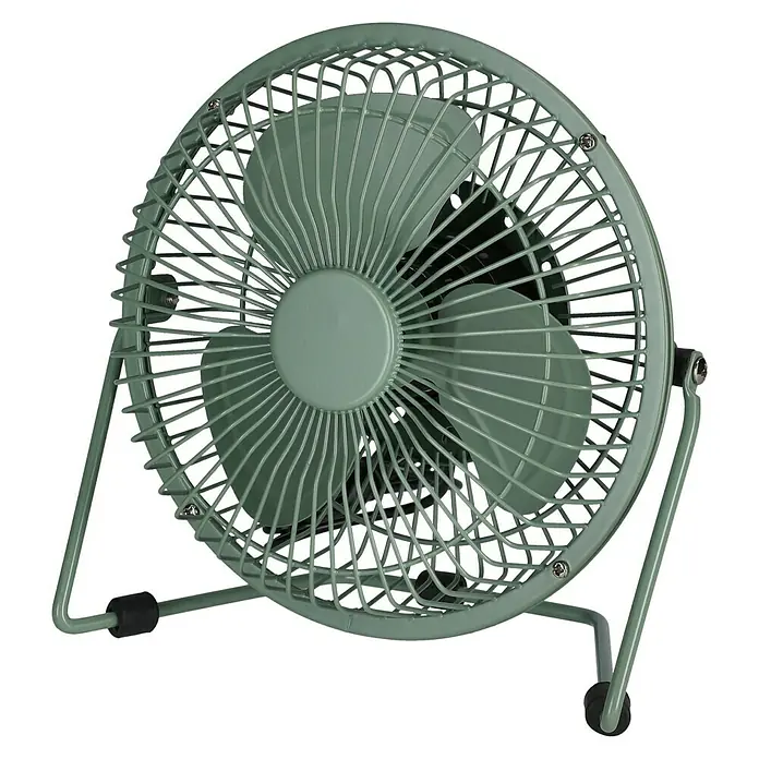 Voltomat USB-Ventilator Mini - Grün, 18 cm - Grüner Metall-Tischventilator mit Schutzgitter und sichtbaren Lüfterblättern auf einem Ständer.