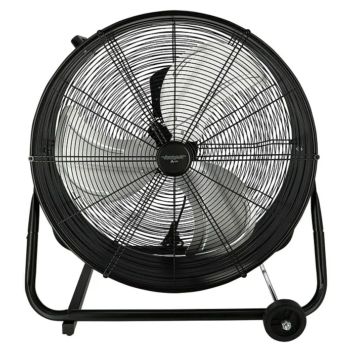 Voltomat Bodenventilator Industrieventilator mit Rollen - 250 W, Schwarz, 60 cm - Großer schwarzer Metall-Bodenventilator mit silbernen Flügeln und stabilem Rollgestell.