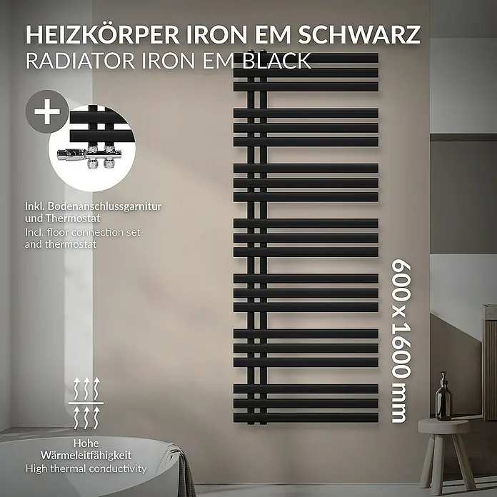 LuxeBath Badheizkörper Schwarz matt 600x1600mm inkl. Montage-Set & Thermostat Durchgang - B x H: 4,7 x 160 cm, Schwarz