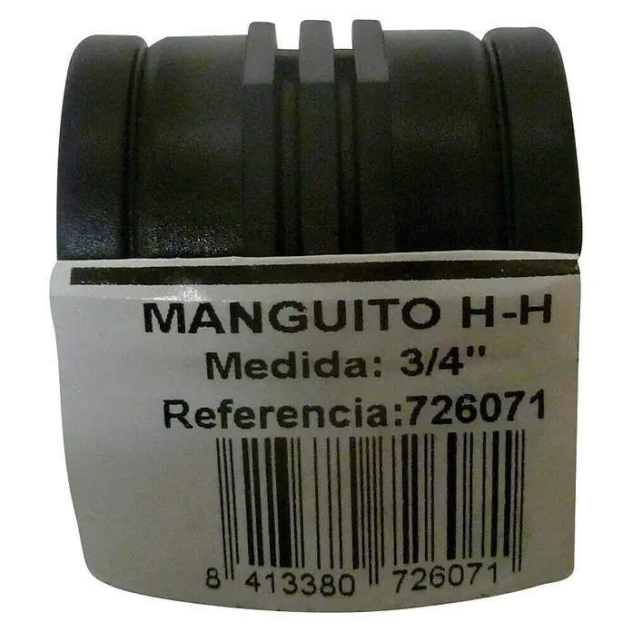 Manguito H-H - ¾″, Plástico - Un accesorio de tubería negro Manguito H-H 3/4", con una etiqueta con detalles del producto y un código de barras.