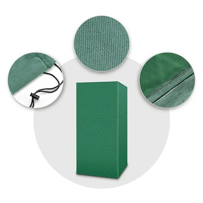 Pura Vida Grill-Schutzhülle Supreme Räuchergrill - L x B x H: 80 x 50 x 130 cm, Polyethylen, Polypropylen, 160 g/m², Grün - Grüne rechteckige Stoffabdeckung mit Detailansichten von Material, Kordelzugverschluss und verstärkten Nähten.
