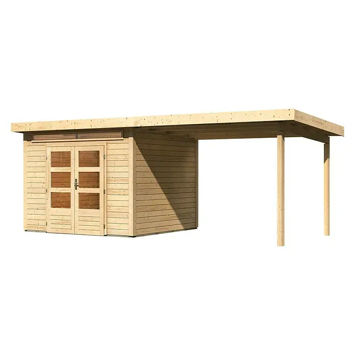 Karibu Gartenhaus Kandern 6 - Außenmaß inkl. Dachüberstand (B x T): 612 x 303 cm, Holz, Natur - Ein Holzgartenhaus mit Anbau für zusätzlichen Stauraum. Ideal für Gartengeräte und als Unterstand im Freien.