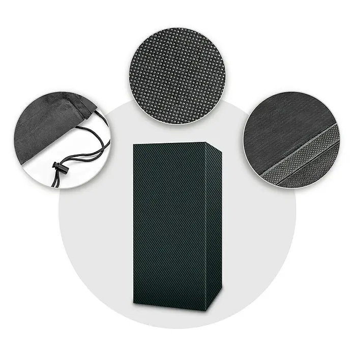 Pura Vida Grill-Schutzhülle Supreme Räuchergrill - L x B x H: 60 x 50 x 120 cm, Polyethylen, Polypropylen, 160 g/m², Schwarz - Hohe, dunkelgraue Textilabdeckung mit Detailansichten von Webstoff, Kordelzug und verstärkter Naht.