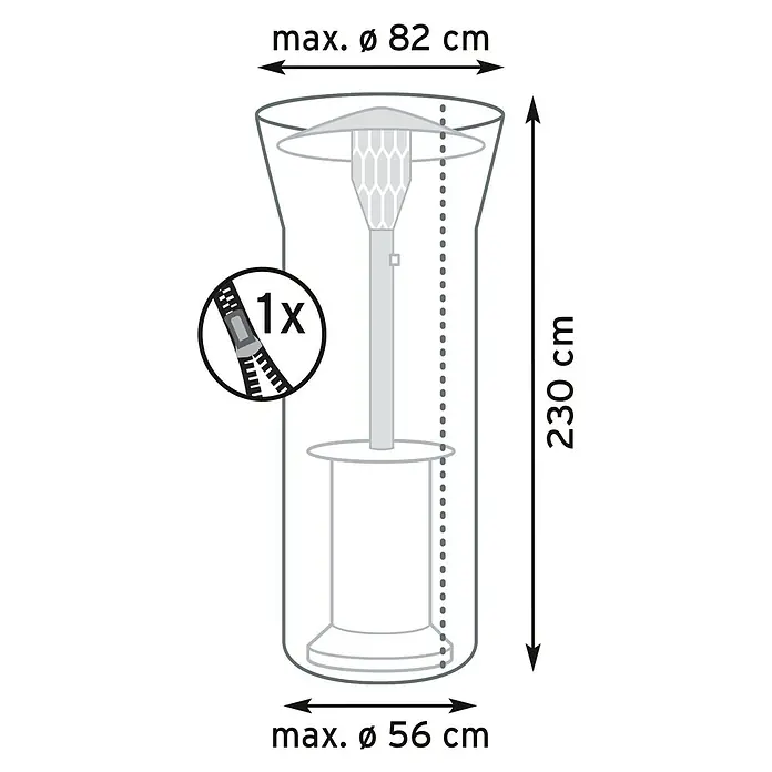 Pura Vida Heizstrahler Schutzhülle Supreme - Passend für: Terrassenheizstrahler bis Ø 82 / Ø 56 × 230 cm, Polyethylen, Polypropylen, 160 g/m², Schwarz - Graue Schutzhülle für Terrassenheizstrahler, 230 cm hoch, oben Ø 82 cm, unten Ø 56 cm, mit Reißverschluss.