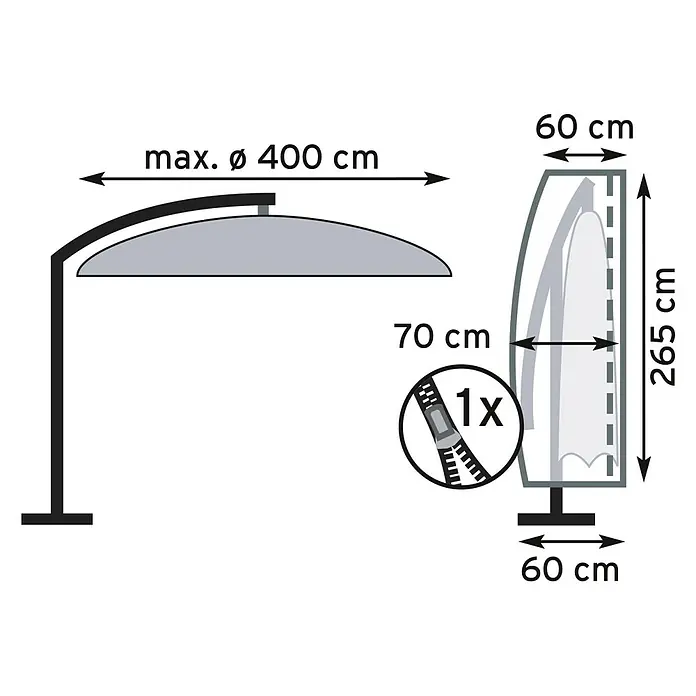 Pura Vida Sonnenschirm Schutzhülle Supreme - Passend für: Ampelschirme bis Ø400 cm, Polyethylen, Polypropylen, 160 g/m², Schwarz - Großer grauer/silberner Ampelschirm mit schwarzem Gestell, geöffnet und in Schutzhülle (H265xB60/70cm, Ø400cm Schirm) gezeigt.