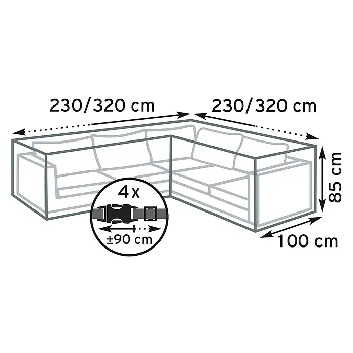 Pura Vida Loungemöbel Schutzhülle Supreme - L x B x H: 320 x 100 x 85 cm, Polyethylen, Polypropylen, 160 g/m², Grün - L-förmige Schutzhülle für Loungemöbel, ca. 230/320 x 100 x 85 cm, mit 4 verstellbaren Gurten bis 90 cm.