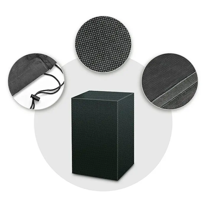 Pura Vida Grill-Schutzhülle Supreme - Polyethylen, Polypropylen, 160 g/m², Schwarz - Dunkelgraue Aufbewahrungsbox aus strukturiertem Stoff mit Detailansicht des Materials und passendem Zugbeutel.