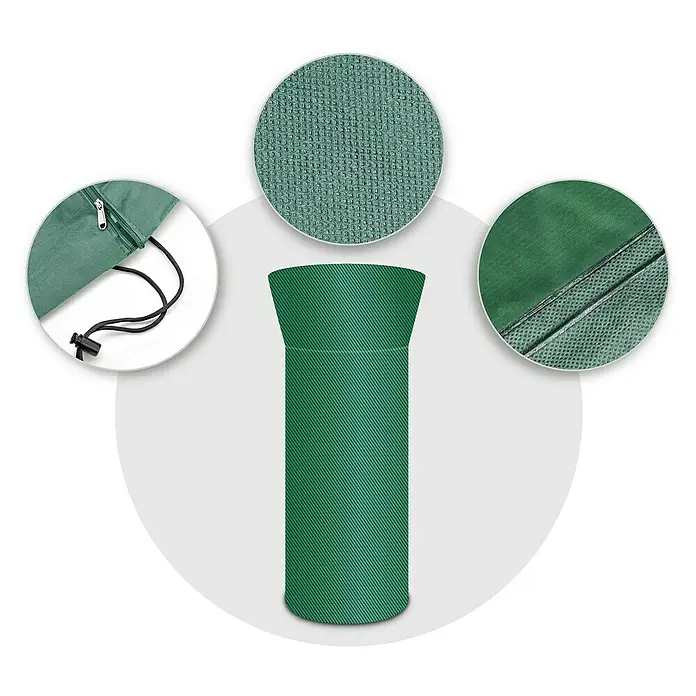 Pura Vida Heizstrahler Schutzhülle Supreme - Passend für: Terrassenheizstrahler bis Ø 82 / Ø 56 × 230 cm, Polyethylen, Polypropylen, 160 g/m², Grün - Grüne zylindrische Stoffhülle mit Detailansichten von Gittergewebe, Reißverschluss und Kordelzugverschluss.
