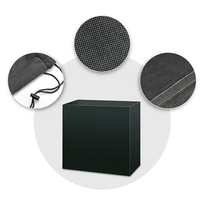 Pura Vida Grill-Schutzhülle Supreme - Passend für: Gasgrills bis 155 x 67 x 97 cm (L), Polyethylen, Polypropylen, 160 g/m², Schwarz - Dunkelgraue, strukturierte Stoffschutzhülle für rechteckigen Gegenstand, mit Nahaufnahmen von Material, Nähten und einem Zugbeutel.