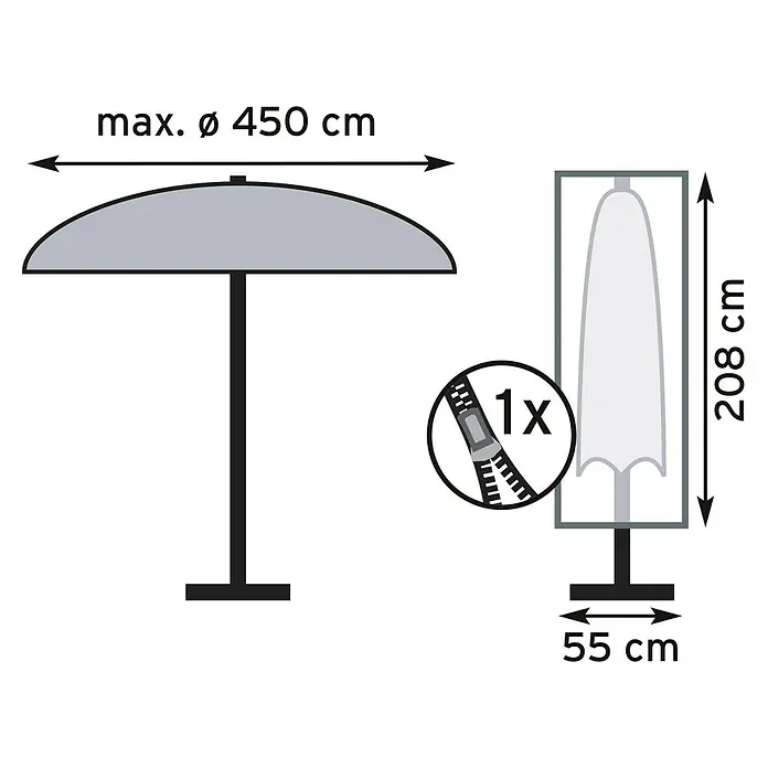 Pura Vida Sonnenschirm Schutzhülle Supreme - Passend für: Sonnenschirme bis Ø450 cm, Polyethylen, Polypropylen, 160 g/m², Grün - Grauer Sonnenschirm mit schwarzem Mast, offene (max. Ø 450 cm) und geschlossene (208x55 cm) Maße, inkl. Reißverschlussabdeckung.