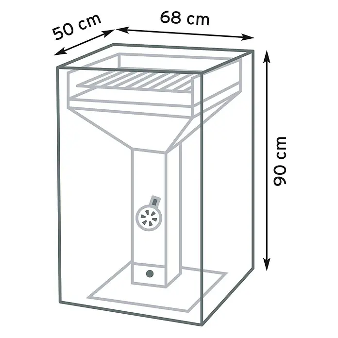 Pura Vida Grill-Schutzhülle Supreme - Polyethylen, Polypropylen, 160 g/m², Grün - Graue Drahtgitterzeichnung eines BBQ-Grills mit Rost und Klappe, Maße: 68x50x90 cm.