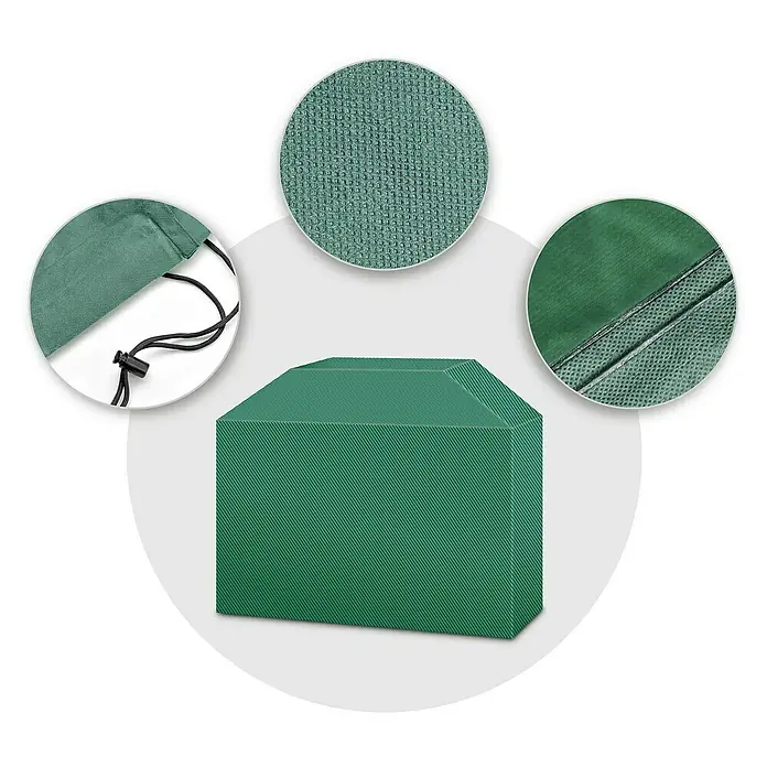 Pura Vida Grill-Schutzhülle Supreme - Passend für: Gasgrills bis 145 x 65 x 118 cm, Polyethylen, Polypropylen, 160 g/m², Grün - Grüne rechteckige Schutzhülle mit Detailansichten von strukturiertem Stoff, Kordelzug und verstärkten Nähten.