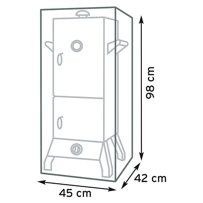 Pura Vida Grill-Schutzhülle Supreme Räuchergrill - L x B x H: 45 x 42 x 98 cm, Polyethylen, Polypropylen, 160 g/m², Grün - Umrisszeichnung eines vertikalen Räucherofens mit Maßen: 98cm H x 45cm B x 42cm T.