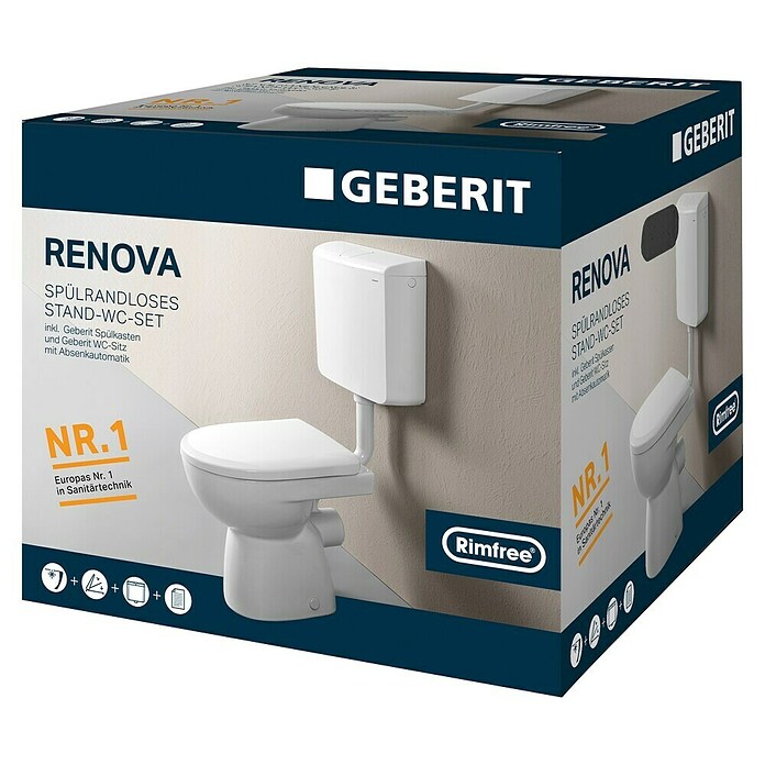 Geberit Renova Stand-WC-Kombination (Spülrandlos, Ohne Spezialglasur, Spülform: Tief, WC Abgang: Waagerecht, Weiß) | BAUHAUS