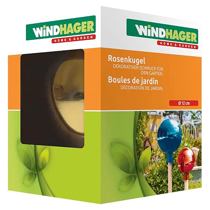 Windhager Deko-Kugel - Durchmesser: 16 cm, Blau, Glas - Windhager Rosenkugel (Ø 12 cm) in Verpackung, mit goldener Kugel und Gartenszene mit blauen und roten Kugeln.