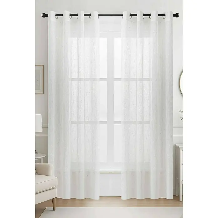 Visillo para ventana Antary - An x Al: 140 x 260 cm, Lino - Cortinas blancas transparentes con ojales, colgadas de una barra negra frente a una ventana.