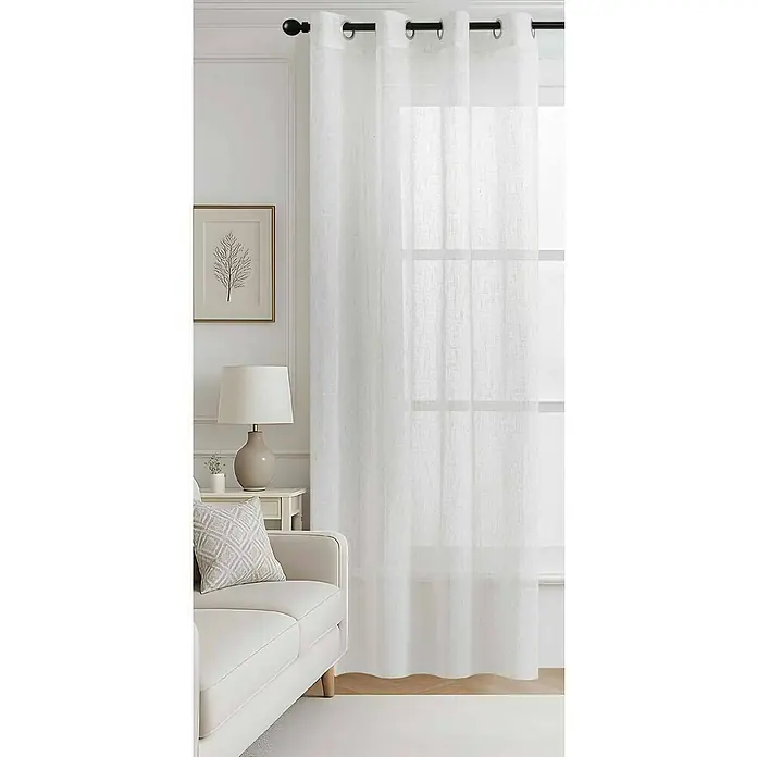 Visillo para ventana Antary - An x Al: 140 x 260 cm, Lino - Cortina visillo blanca con ojales colgada de barra negra en sala de estar luminosa, filtrando la luz suavemente.