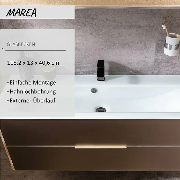 Camargue Marea Einbauwaschbecken - 118 x 40,6 cm, Weiß - Brauner Badunterschrank mit weißem Glaswaschbecken und schwarzem Wasserhahn, einfach zu montieren, mit Überlauf.