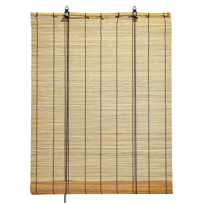 Estor enrollable de bambú - An x Al: 80 x 180 cm, Roble, Unicolor - Estor enrollable de bambú marrón claro natural con cordones negros visibles y ganchos para colgar.