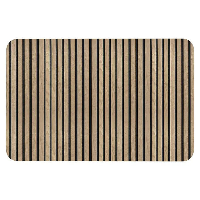 Spirella Alfombra Diatomita - Tessa, 39 x 60 cm, Materia mineral - Panel de pared de lamas de madera clara con tiras verticales oscuras.