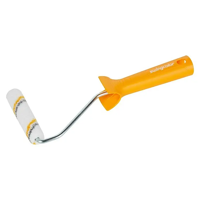 swingcolor Lackierroller K17 - Breite Walze: 10 cm, Bügellänge: 27 cm, Florhöhe: 5 mm - Farbroller mit gelbem Griff und weißem Bezug mit grauen und gelben Streifen.